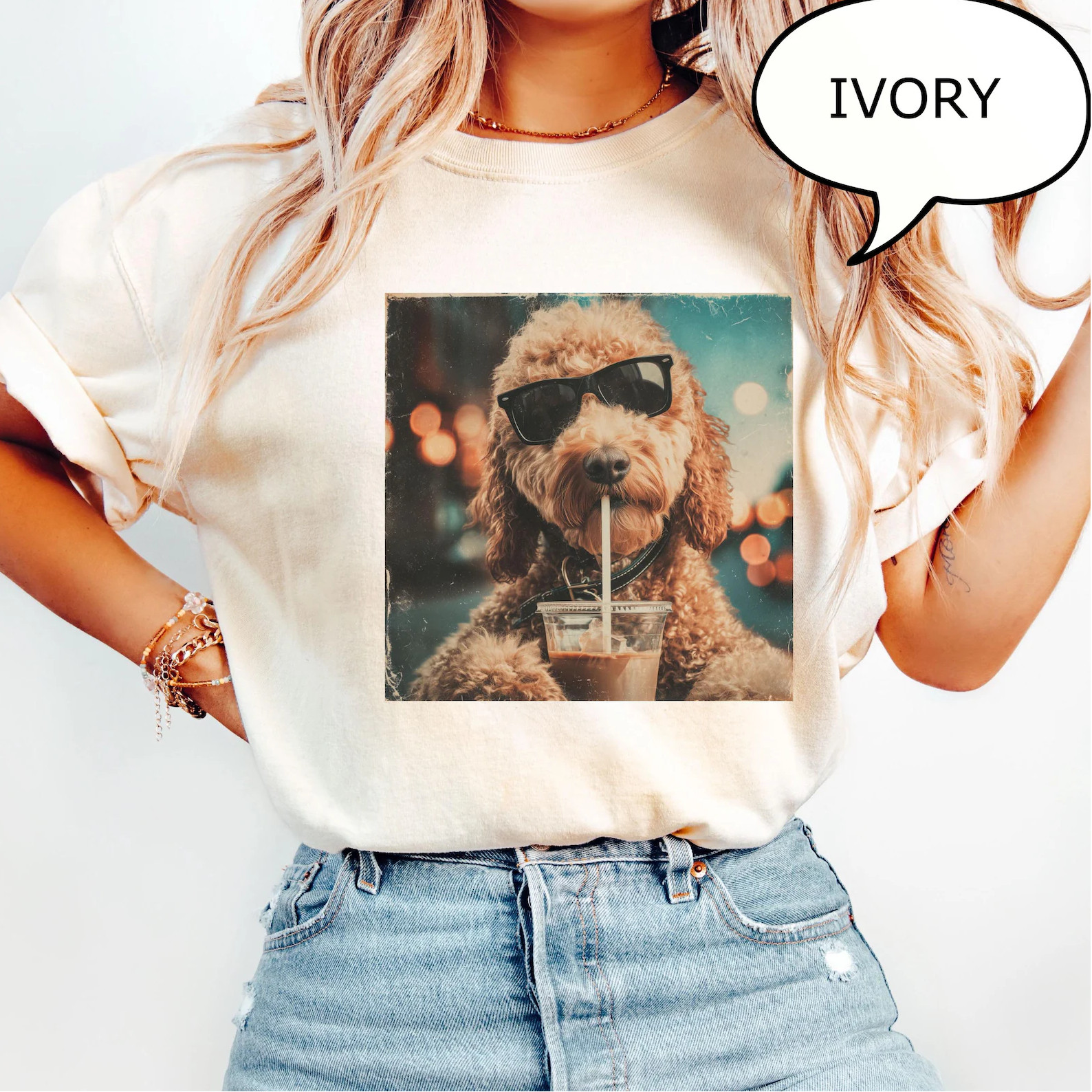 Comfort Colors® Cute Goldendoodle Drinking Iced Coffee T-Shirt, Dog Lover Gift,