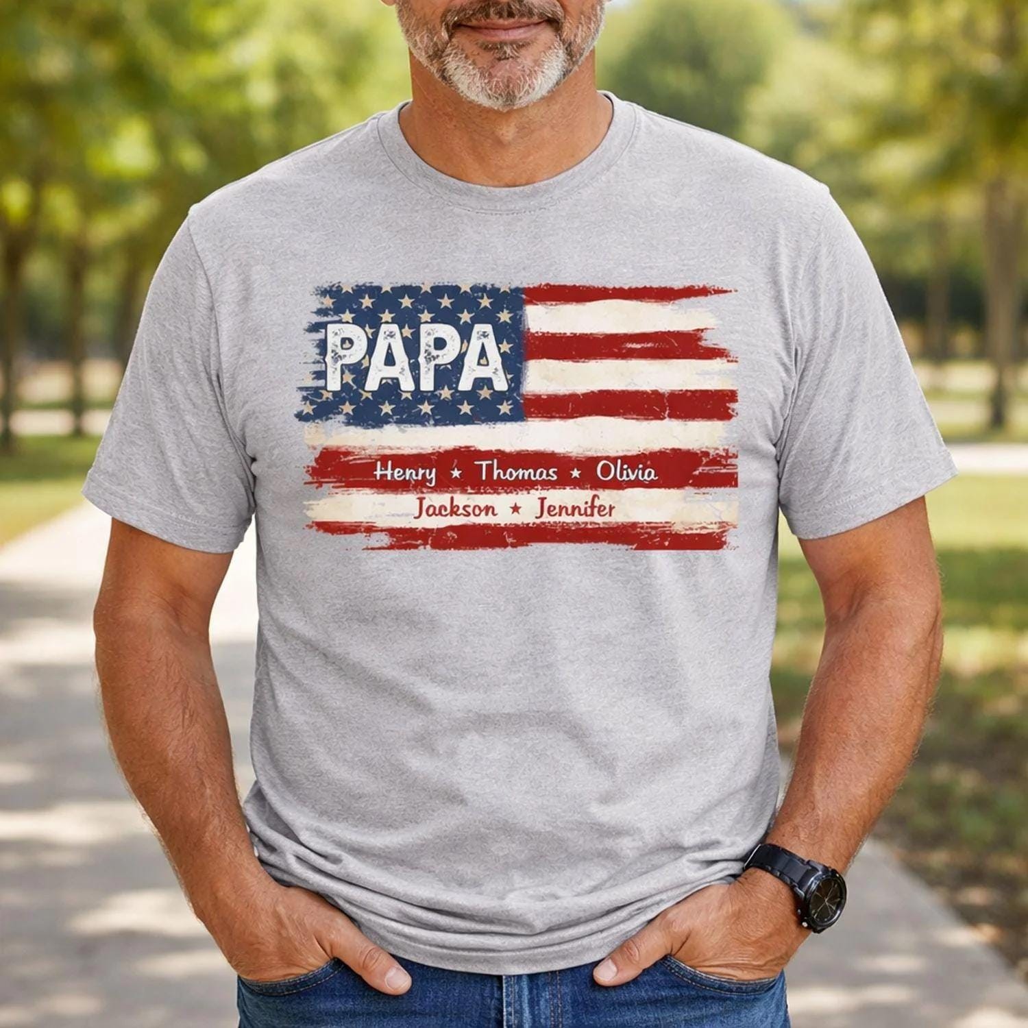 Custom Papa American Flag Shirt with Grandkids Names Patriotic Gift