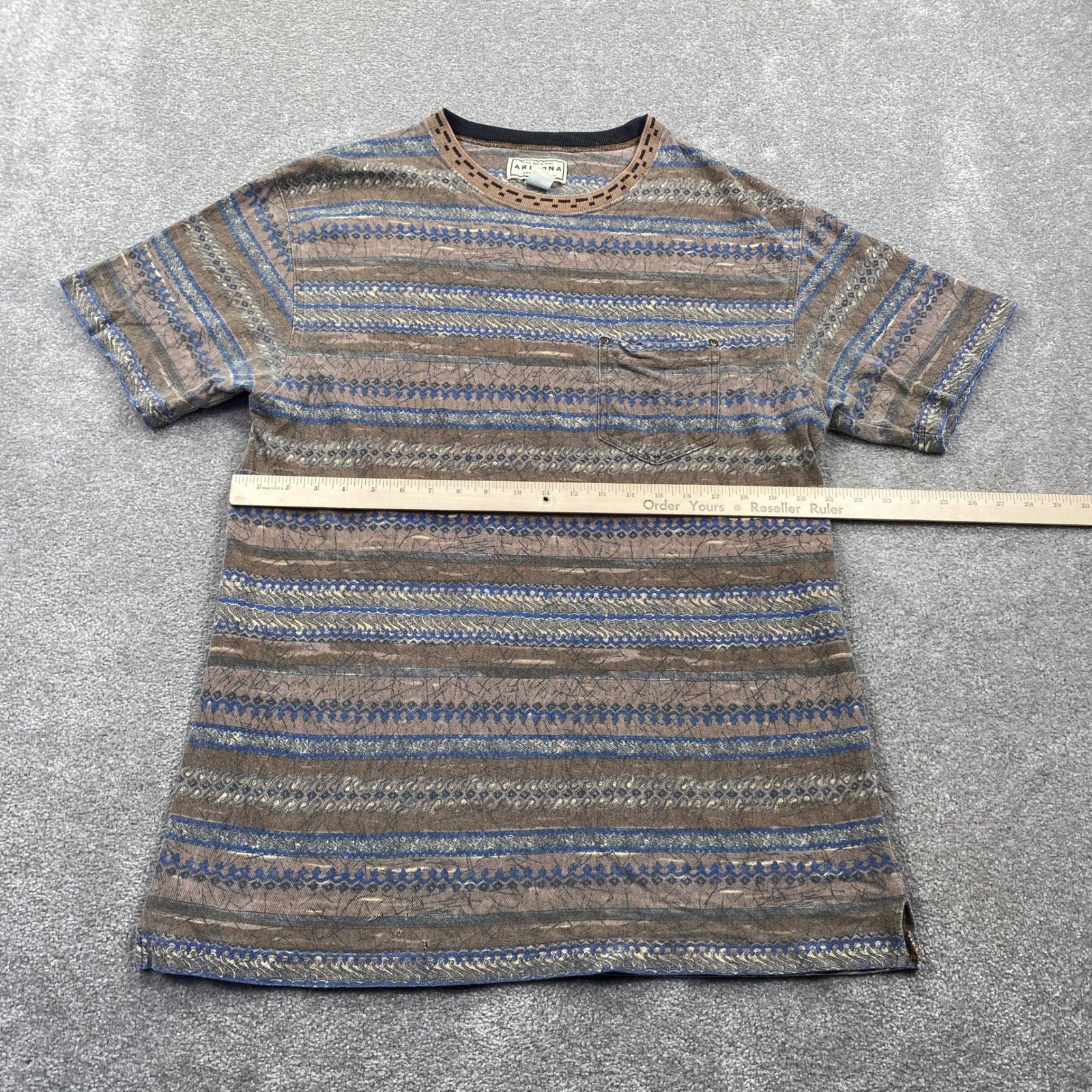 VTG Arizona Company Mens T Shirt L G Geometric Pattern Pocket Tee Brown Blue