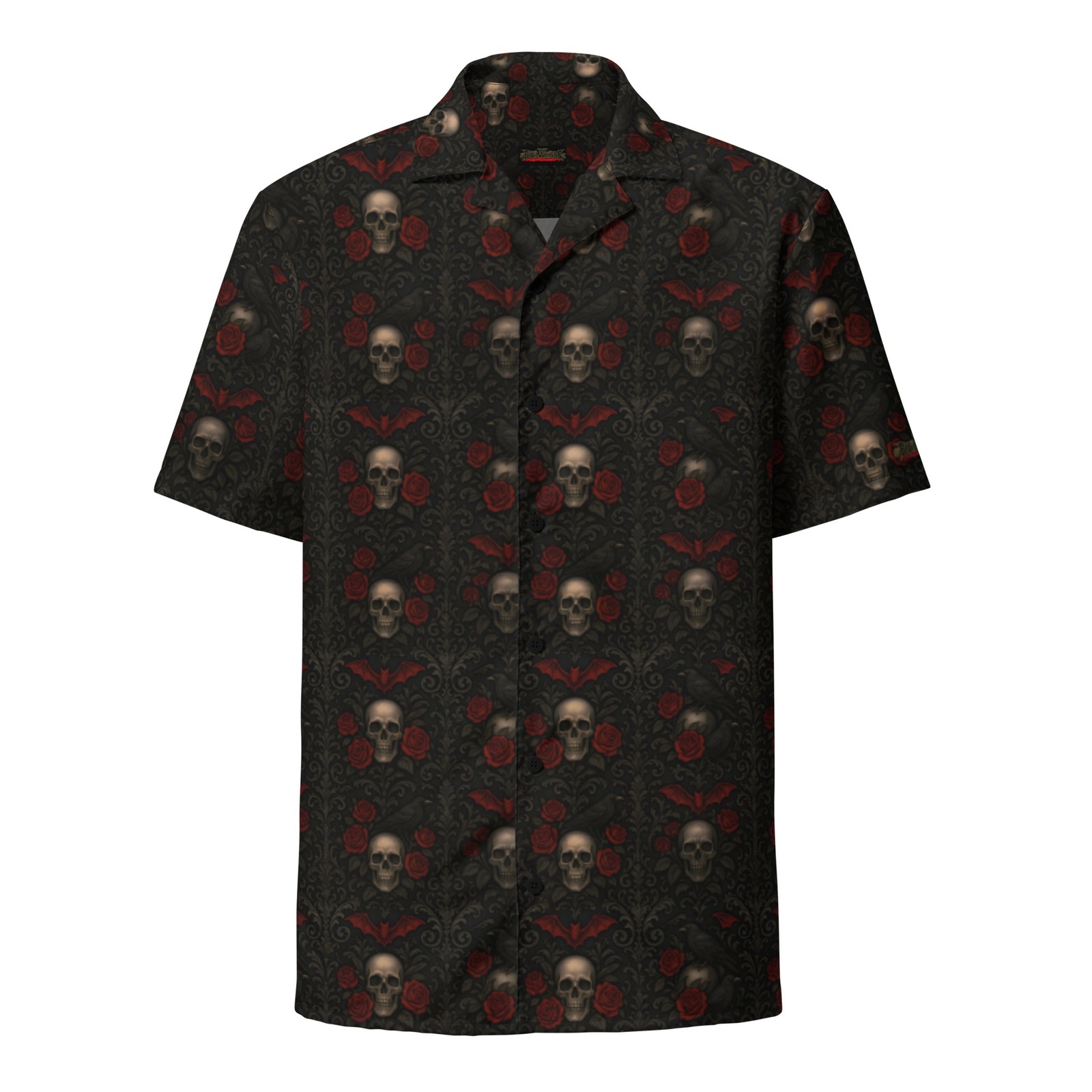 Crimson Mourning Button-Up Shirt Dark Resort Wear Occult Horror Skull Shirt