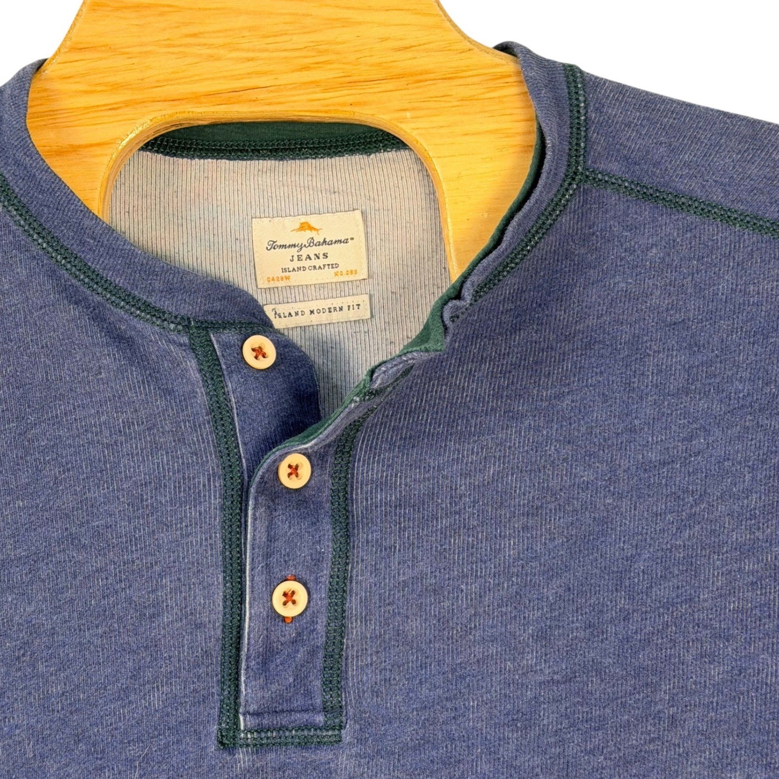 Tommy Bahama Performance Henley Shirt Mens Large Blue Island Modern Fit Ribbed