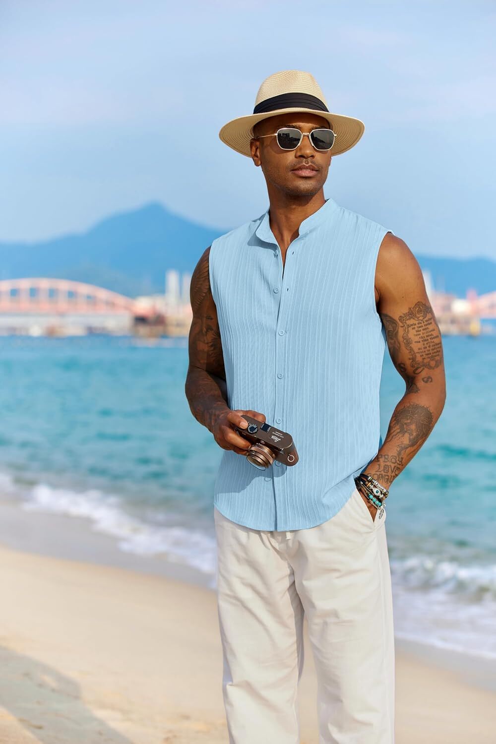 Mens Sleeveless Summer Shirts Beach Tank Tops Button Up Tank Shirt for Vacation