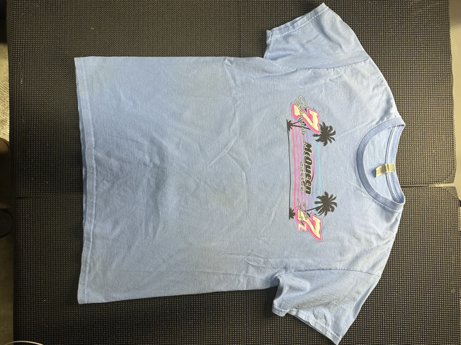 McQueen Racing Sprint Car Tee Large Blue Vaporwave Neon Racing Shirt Retro