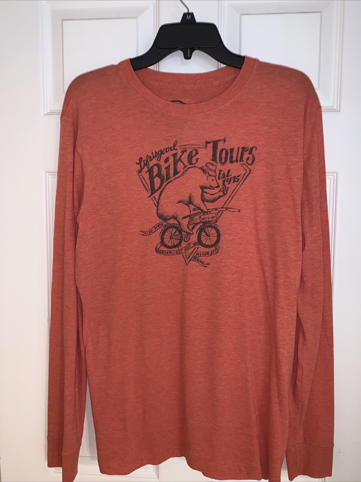Life Is Good Orange~Rust Semi-Fitted Men’s Medium Long Sleeve T-Shirt Bike Tours