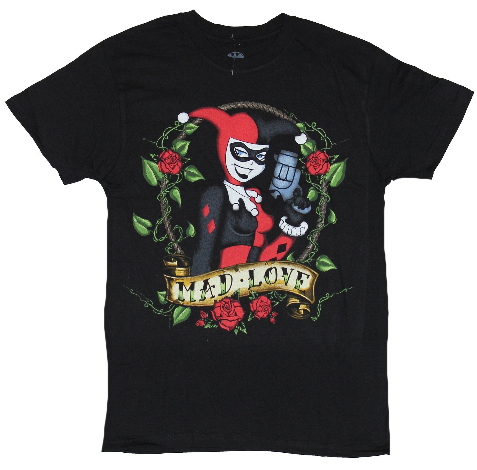 Harley Quinn (DC Comics) Mens T-Shirt – Classic Mad Love Rose Circled Harley