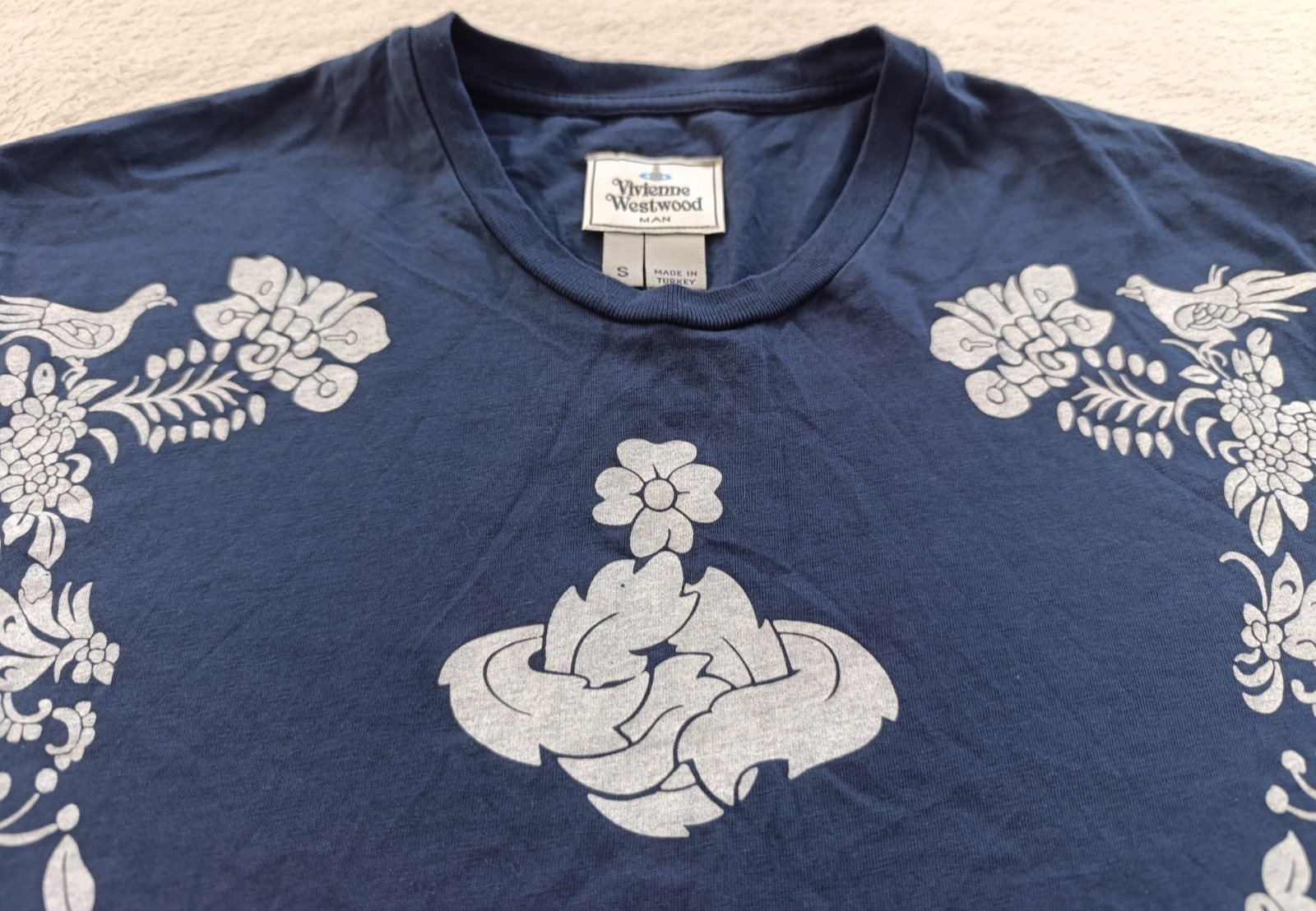 Vivienne Westwood mens RARE Navy Blue Floral Big Logo T-Shirt size S
