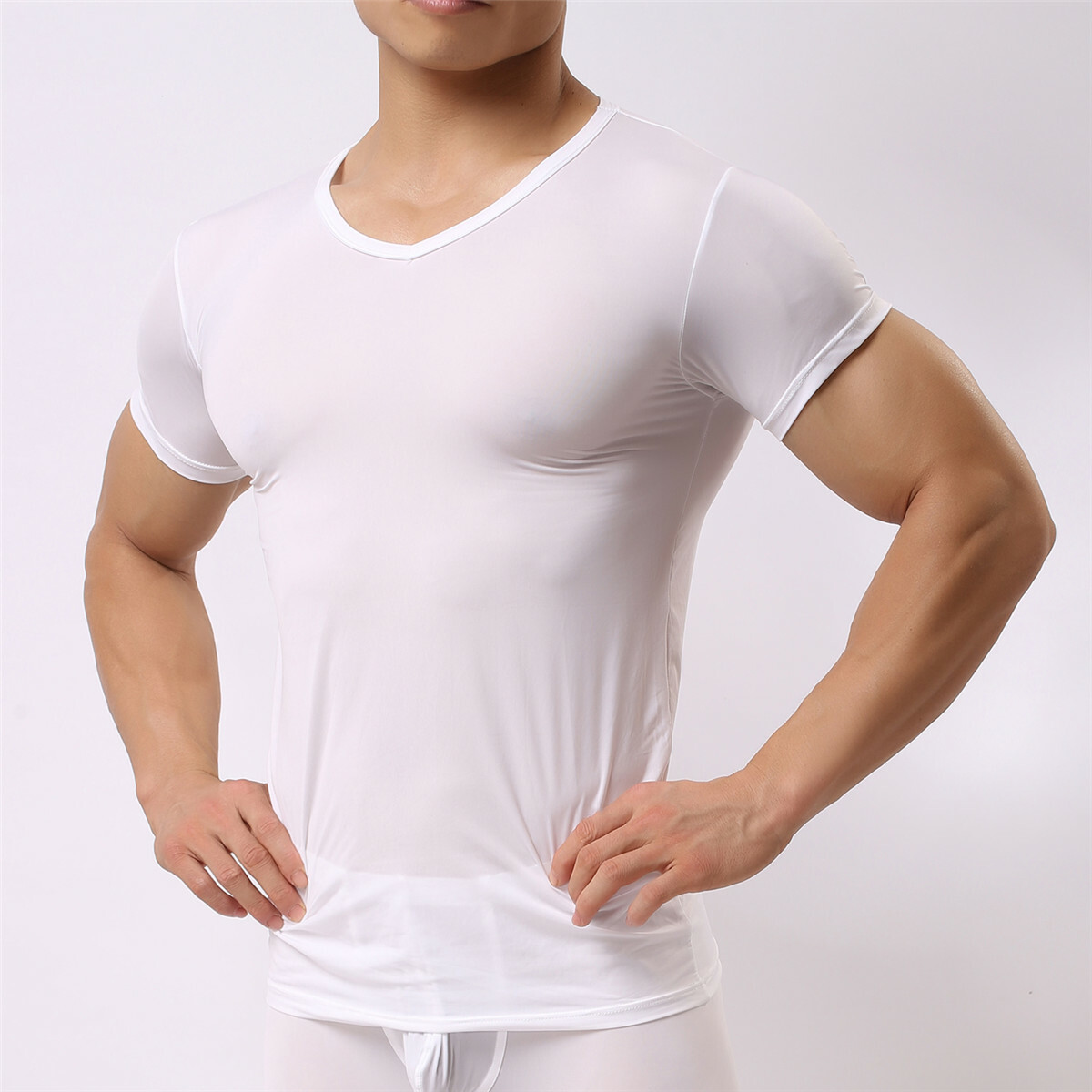 Men Smooth Gym Sport T-shirt Fitness Muscle Stretch Soft Tee Tops Clothes Basic
