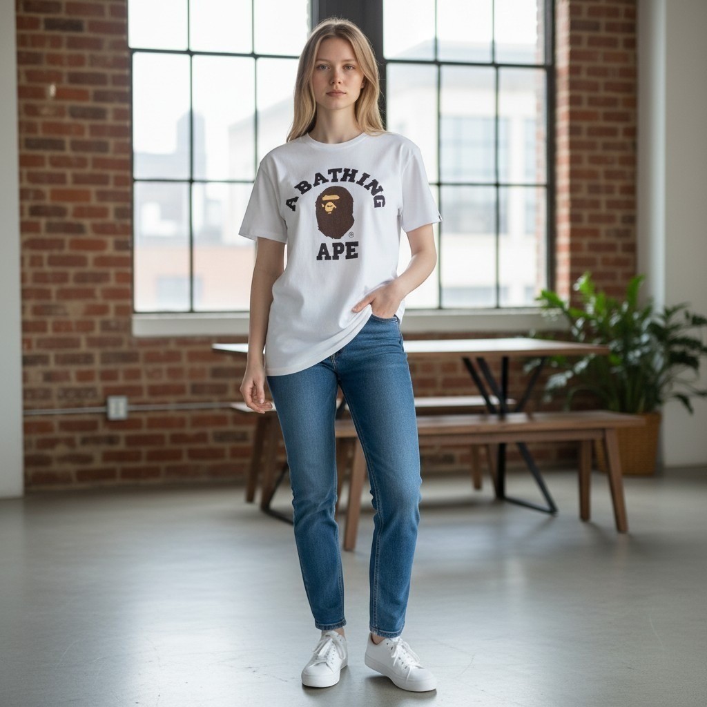 A Bathing Ape BAPE White College Logo Ape Head Graphic T-Shirt Mens Size M