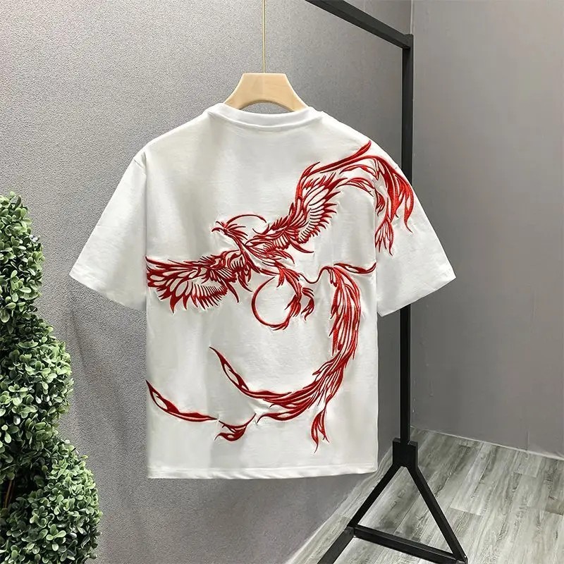 Men’s Premium Phoenix Embroidery Cotton T-Shirt Slim Fit Short Sleeve Tee