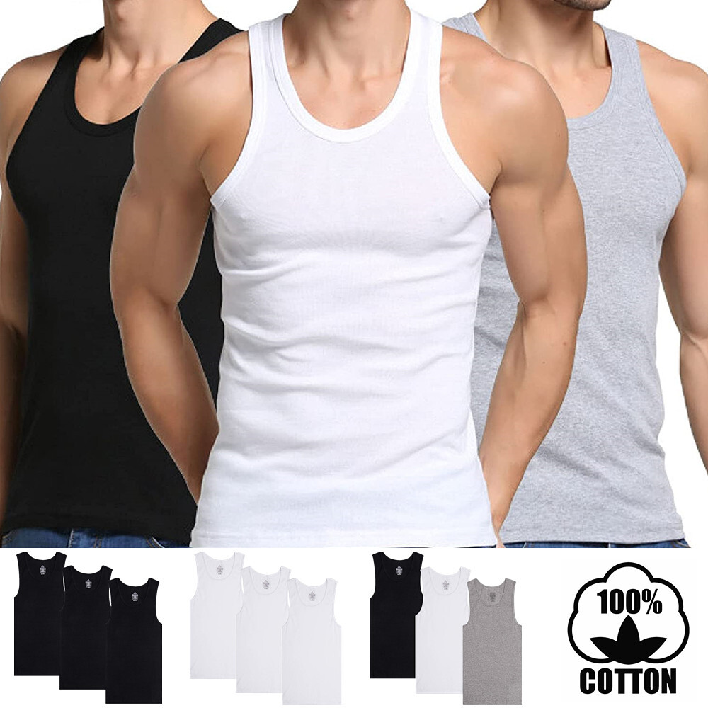 Men 100% Cotton Tank Top Wife-Beater Undershirt Ribbed Premium A-Shirt Regular
