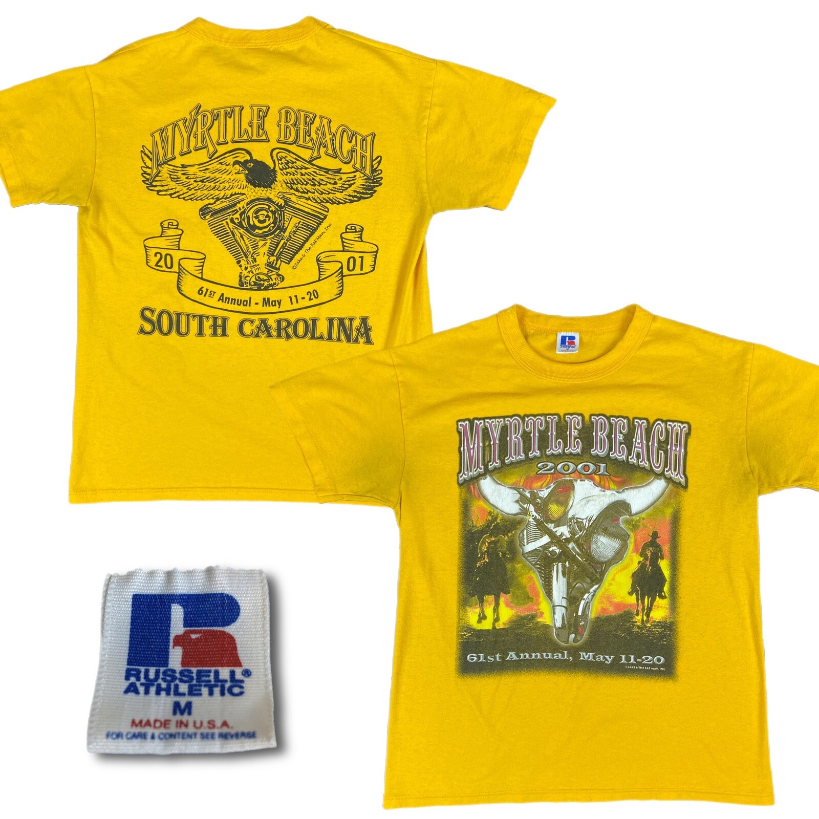 Vintage Myrtle Beach Motorcycle Shirt Mens Medium Yellow Bike Week Y2K 2001