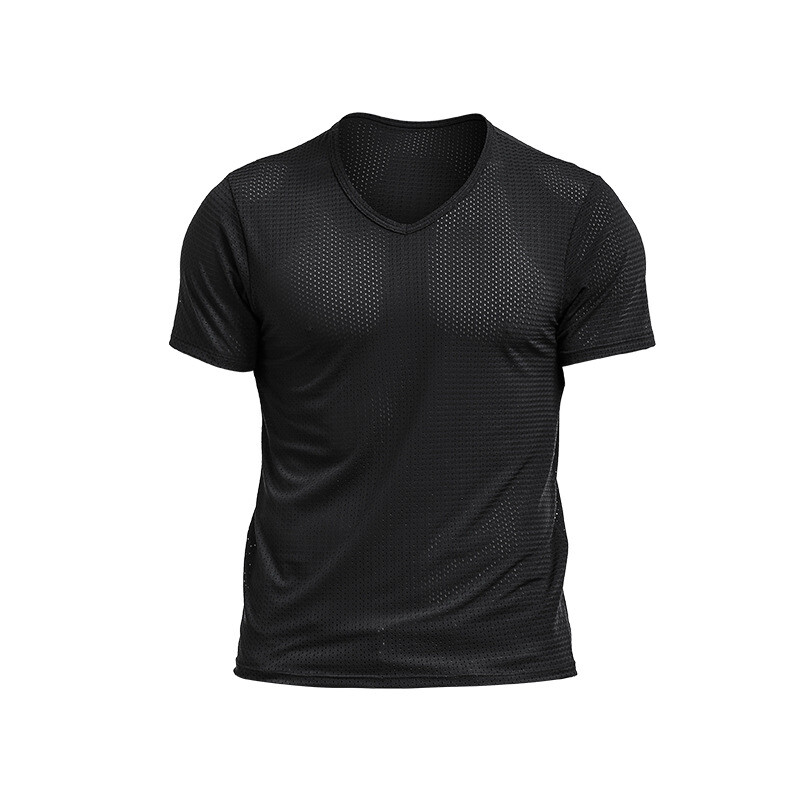 Men’s Short Sleeve Ice Silk Top Tee T-Shirt Mesh Tagless V-Neck Breathable