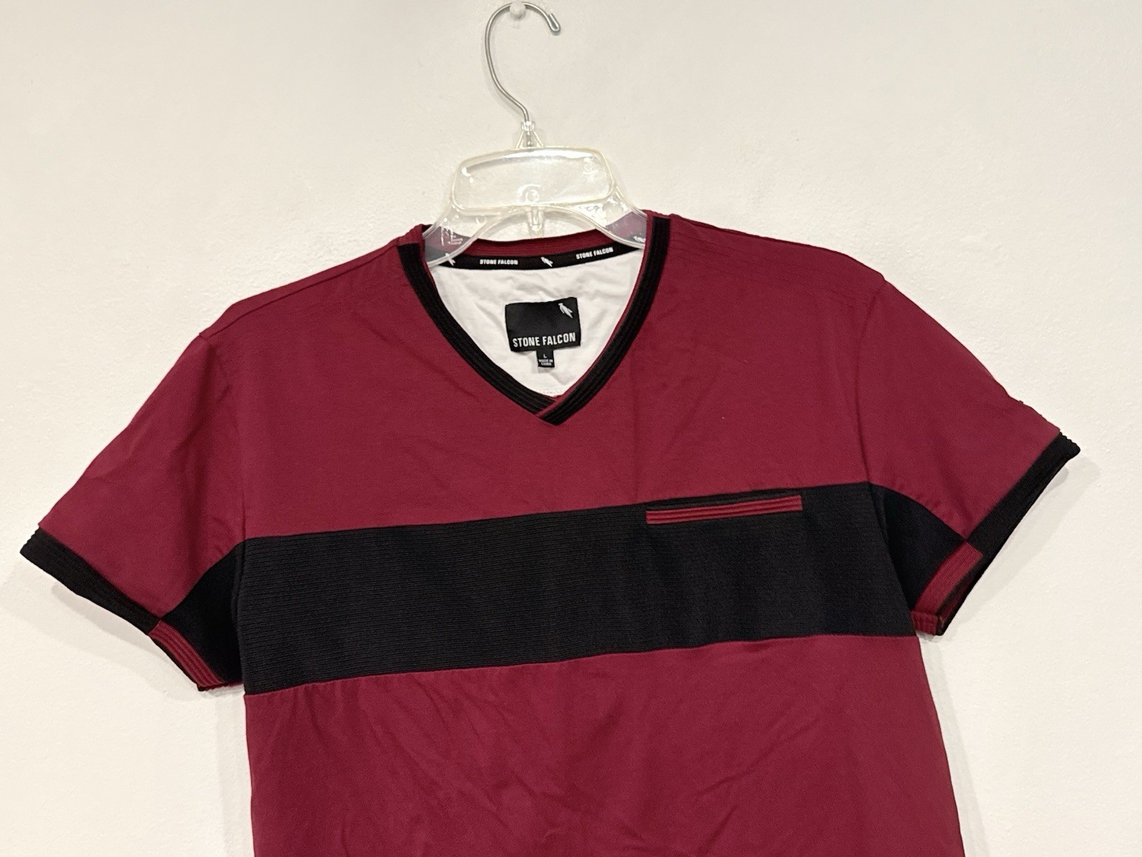 Stone Falcon T-Shirt Men’s Sz Large (fits like Medium) Maroon Ribbed Black Panel