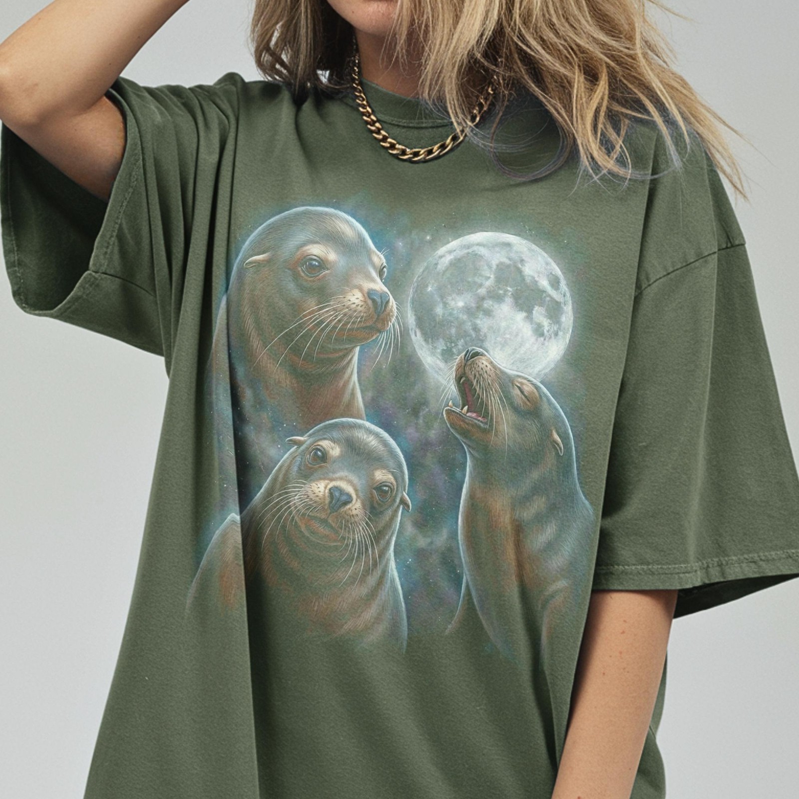Three Sea Lion Moon Shirt, Seal Lover Gift, Vintage Sea Puppy Meme T-Shirt