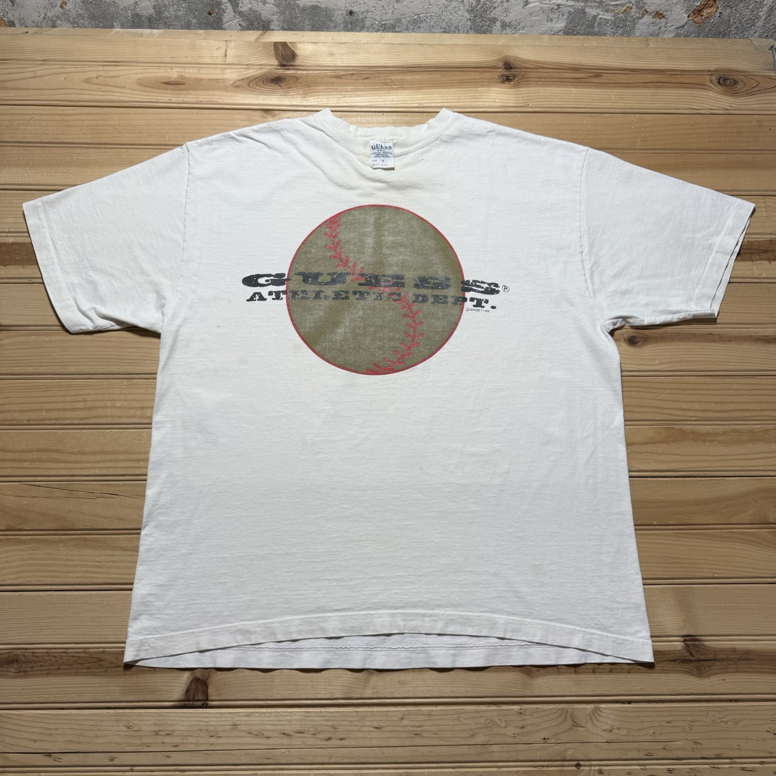 Vintage 1995 Guess Athletic Dept Baseball Graphic T-Shirt Size Medium / XL USA