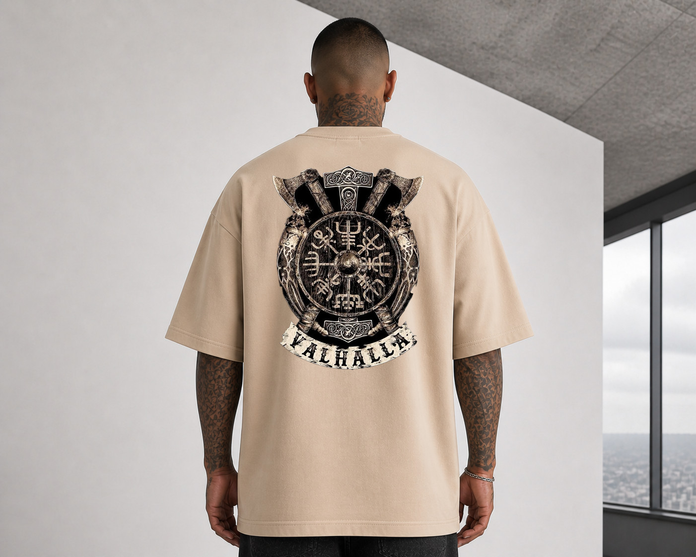 Viking Valhalla Graphic T-Shirt Norse Warrior Axe Shield Oversized Cotton Tee