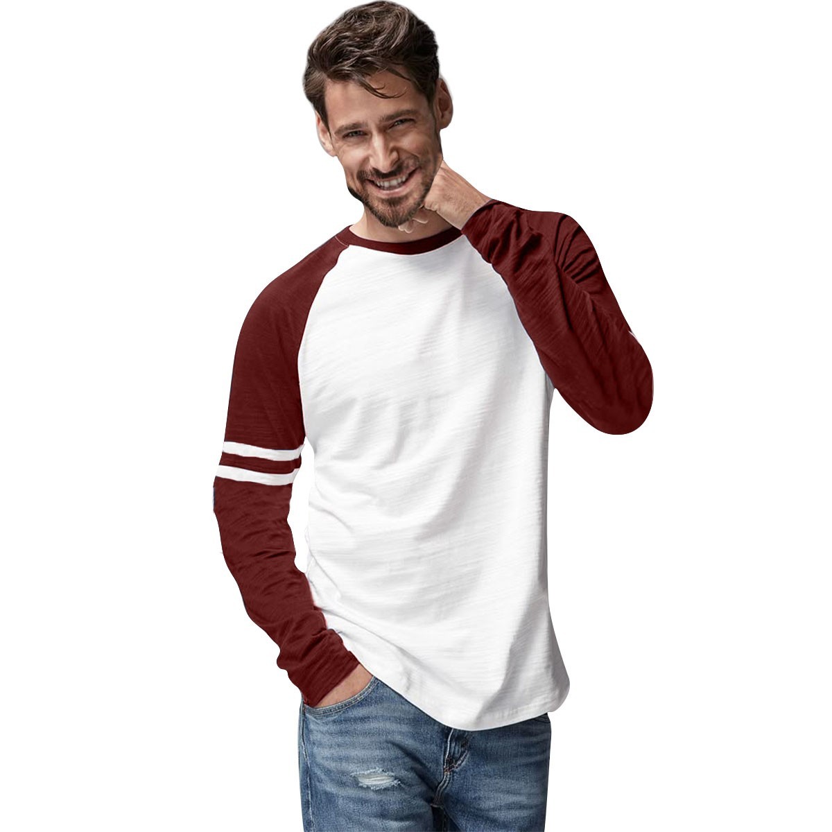 Mens Triblend Long Sleeve Baseball T-Shirt Casual Raglan Plain Contrast L/S Top