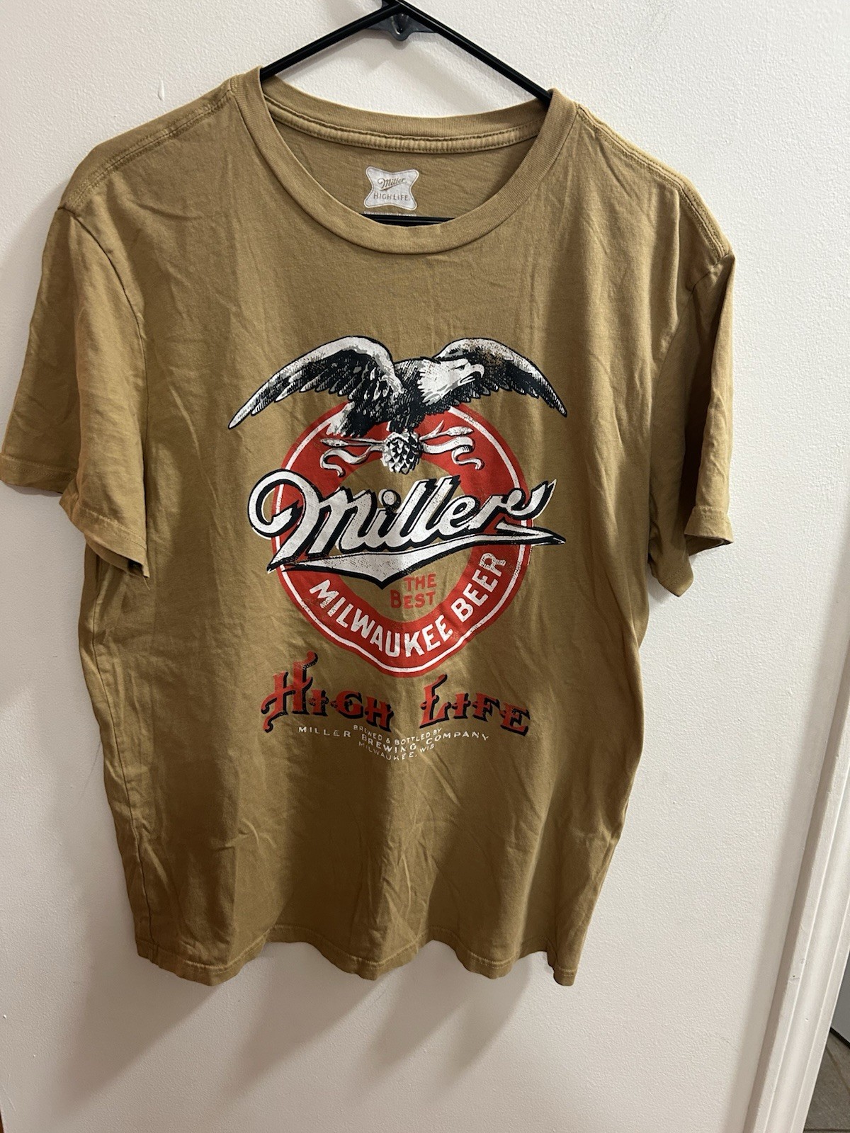 Mens Miller High Life Beer T Shirt Tan Eagle Graphic Print Size M
