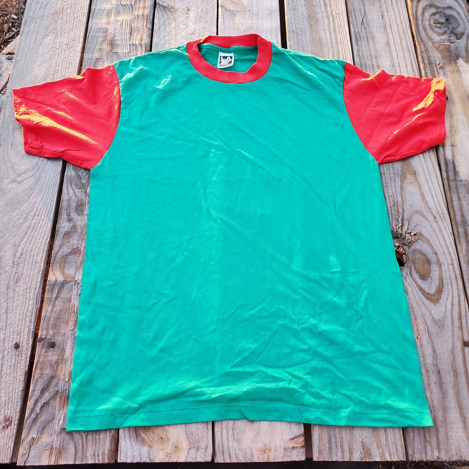 Vintage Men LA Sportswear Blank Large Single Stitch Shirt Green Red Sleeves USA