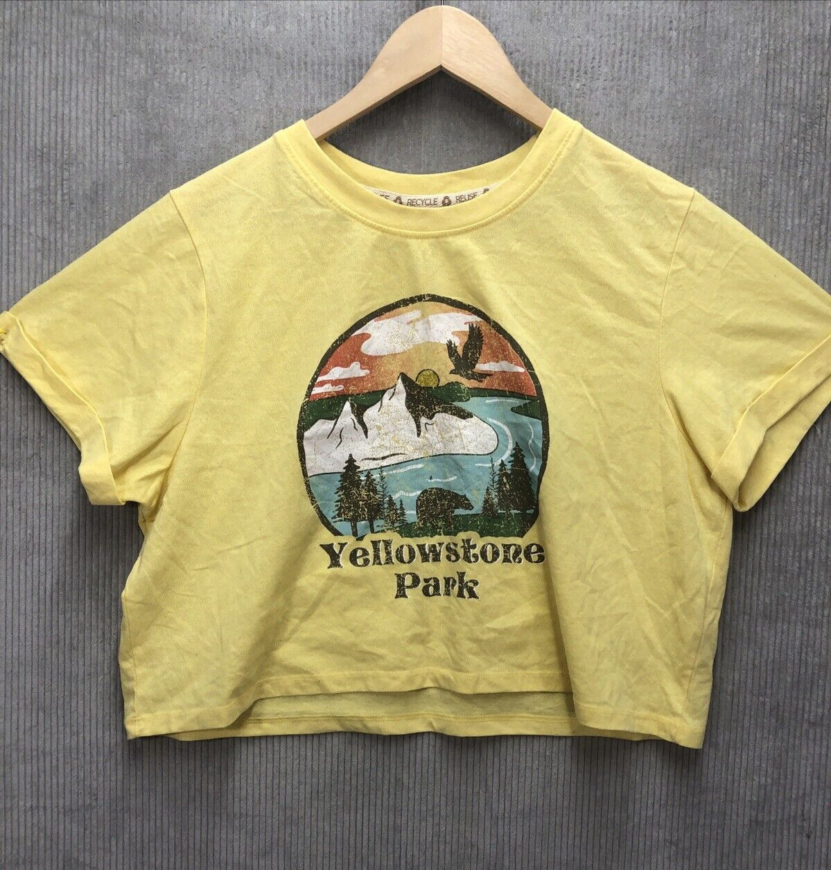 Recycle Threads Yellow Stone Park Tee Shirt Size Large Yellow Cropped