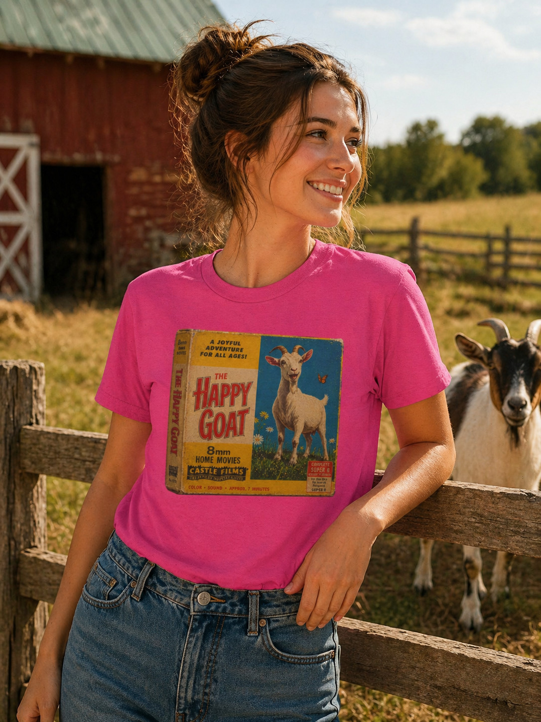 Happy Goat 8mm Film Box Art Graphic T-Shirt Retro Movie Box Design Tee
