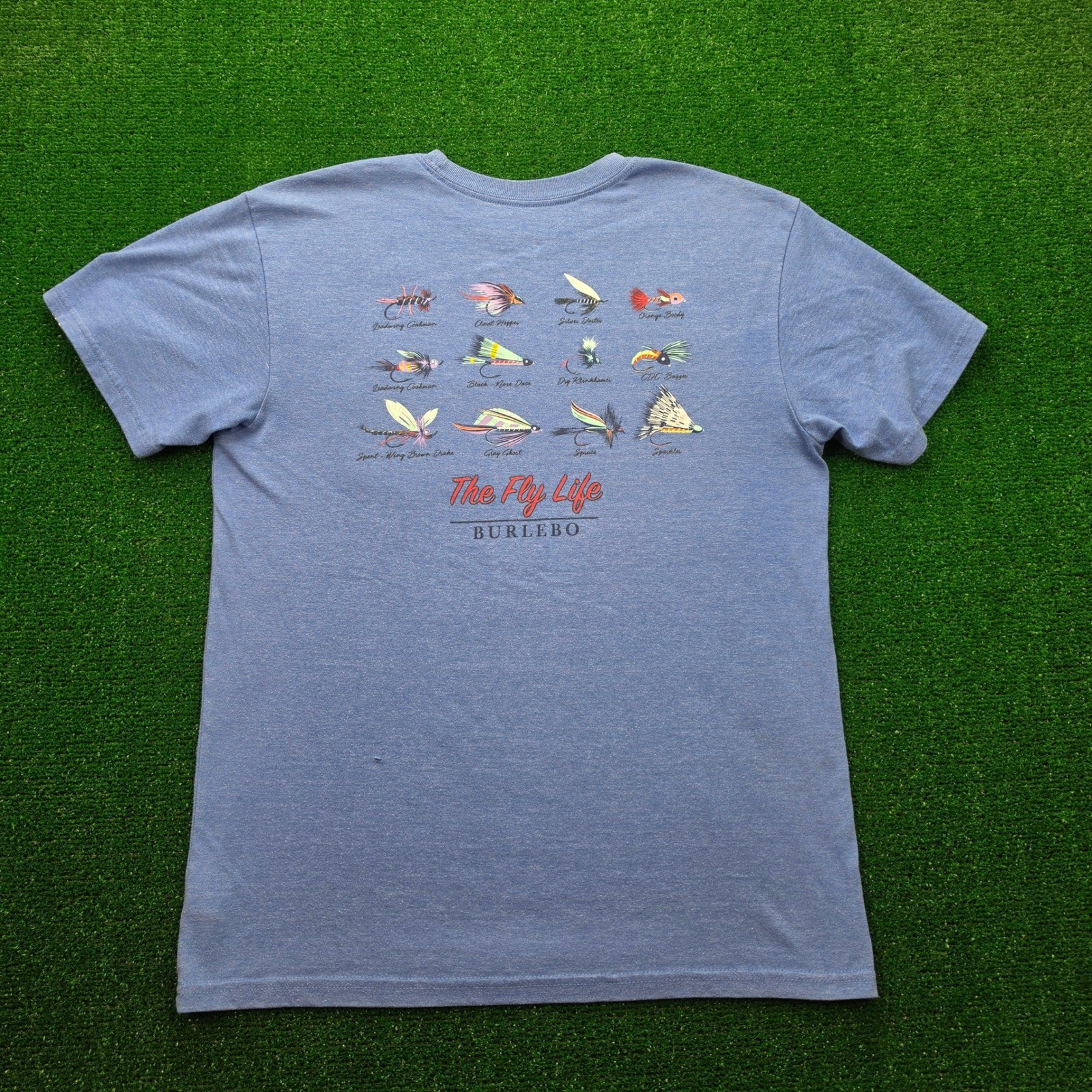 BURLEBO The Fly Life Graphic Pocket Tshirt Mens Medium Blue Fly Fishing Lure