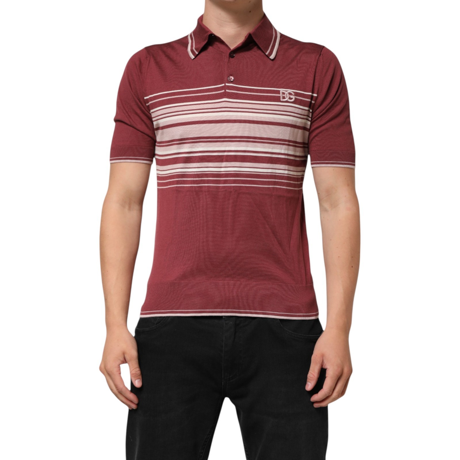 DOLCE & GABBANA T-shirt Cotton Burgundy Striped DG Logo Polo IT48/US38/M $1200