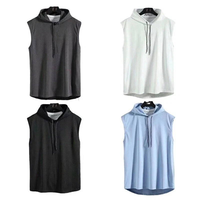 Men Gym Sleeveless Hoodie Fitness Sports Muscle Hooded Vest T-Shirt Tank Tops UK