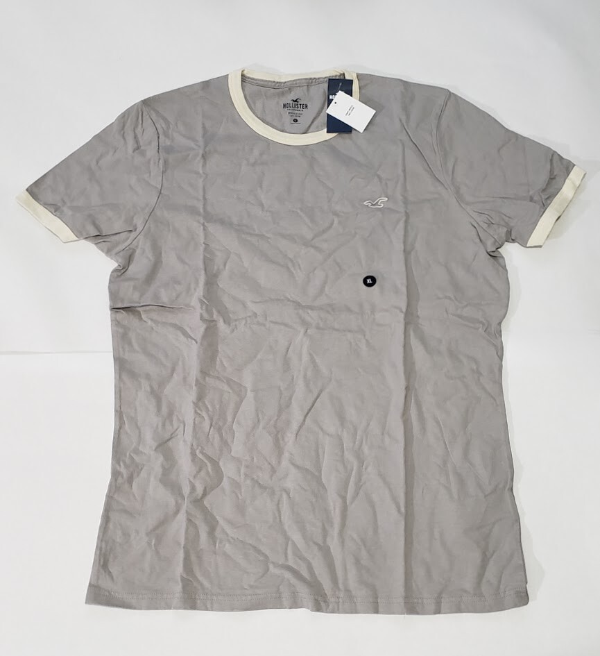 New Hollister XL Men T-Shirt Gray Contrasting Trim Embroidered Logo