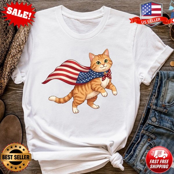 Patriotic Cat Graphic Tee, American Flag Cape Shirt, July 4th T-Shirt S-5XL