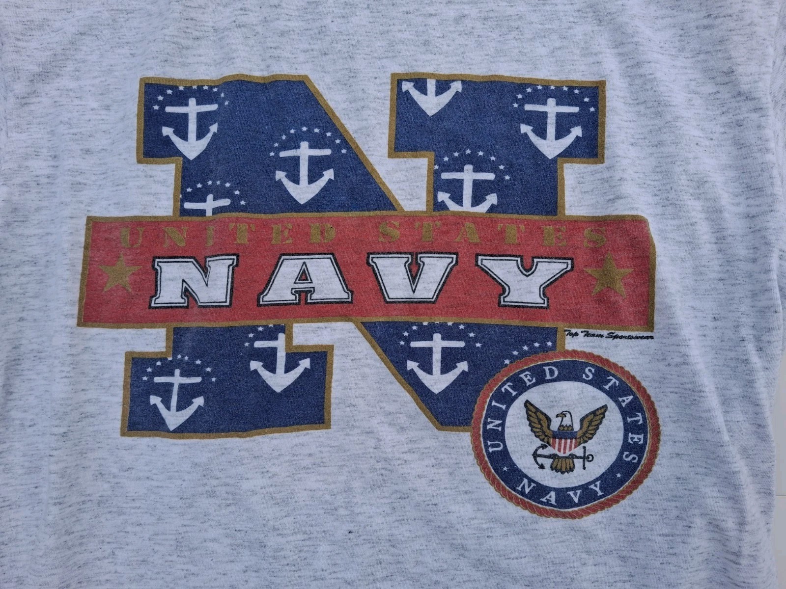 United States Navy VTG T Shirt Gray Blue Red Logo Spellout Single Stitch