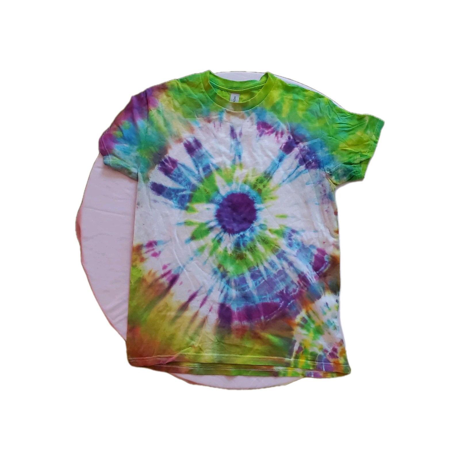 Tie-Dye T-Shirt – Green & Purple Spiral Burst – Gildan Heavy Cotton – Size Small