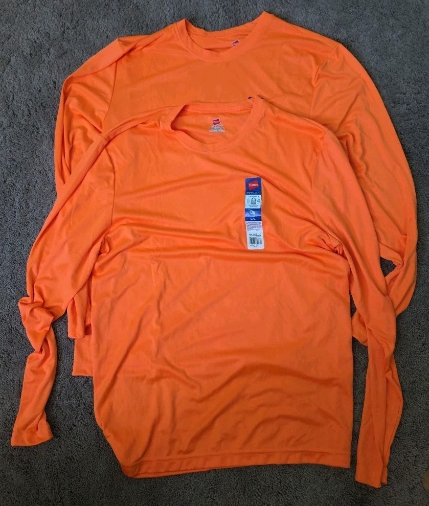 2 PACK Men’s HANES COOL DRI SAFETY ORANGE Long Sleeve T-Shirt Large NEW