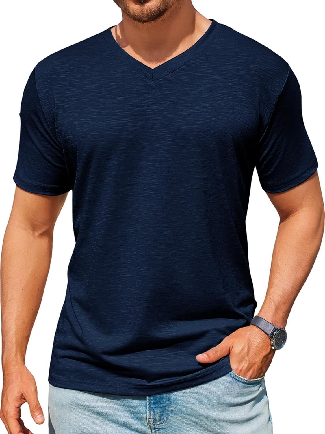 Mens V Neck T-Shirt Short Sleeve Stretchy Lightweight Regular Fit Summer Casual