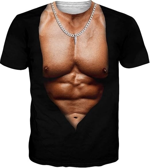 Funny 3D Muscle T Shirt Men Fake Six Pack Abs Tan Body Silver Chain Gag Gift New