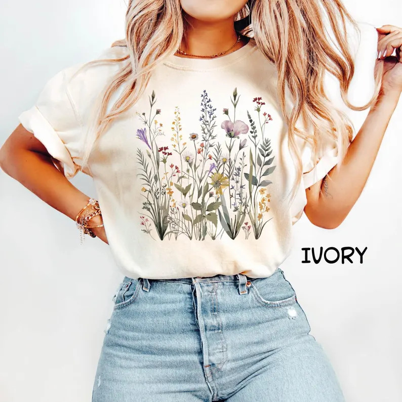Wild Flowers Comfort Tee Shirt Nature Floral Soft Cotton Relax