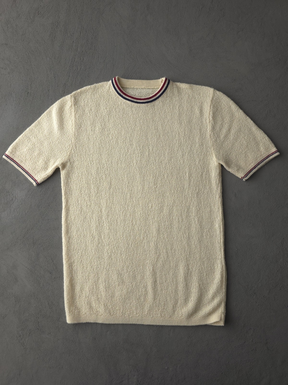 Vintage 1960s Cream Acrylic Knit Crewneck Ringer T-shirt Mod Beach Men’s S