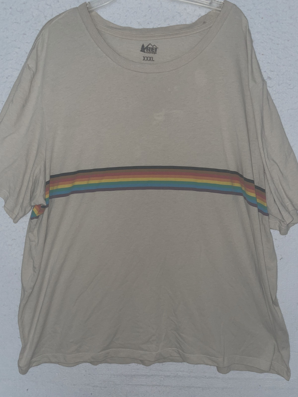 REI Co-Op Mens 3XL Beige T-Shirt Rainbow Striped Tee Outside with Pride Cotton