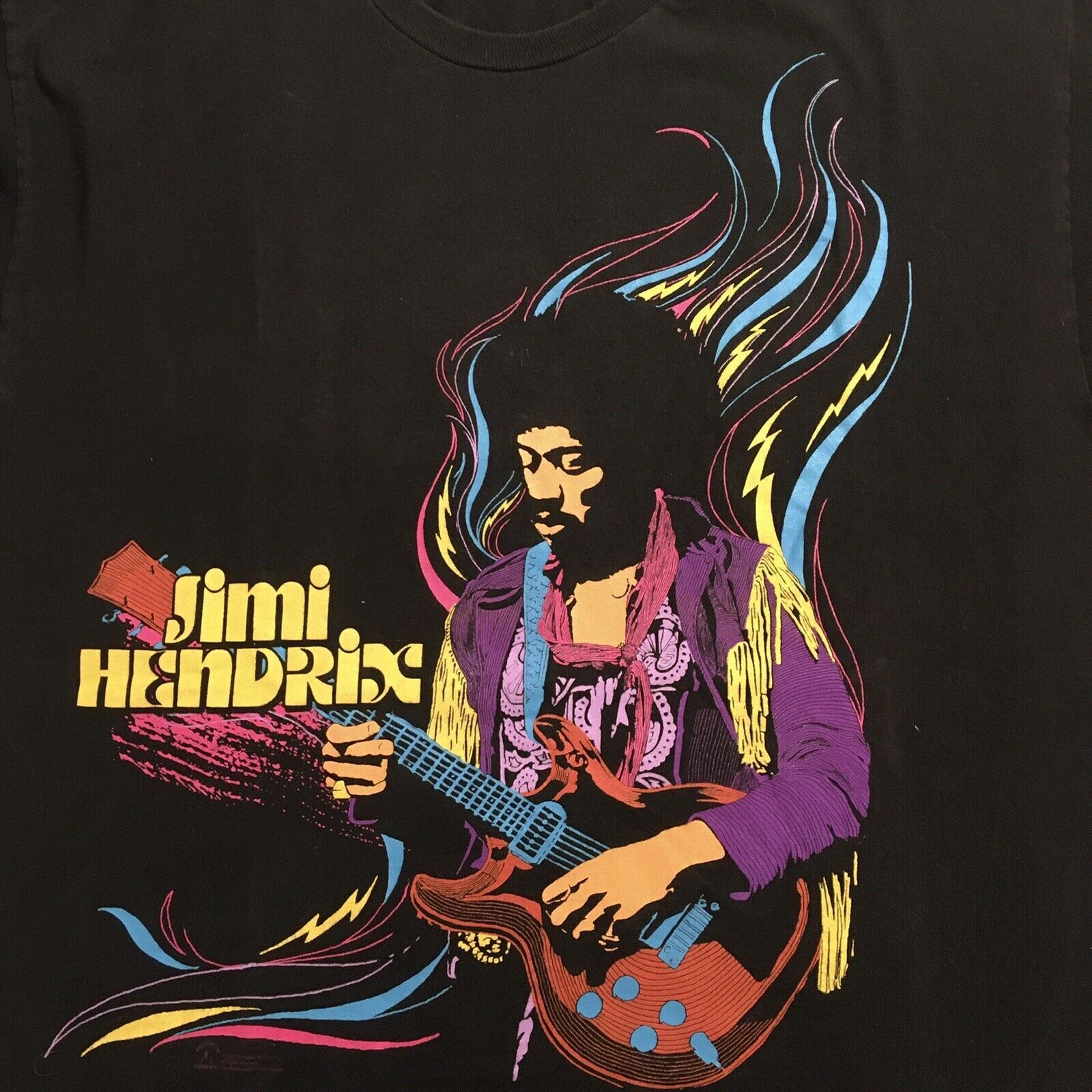 JIMI HENDRIX Black T-shirt, Blue Purple Pink Yellow Graphic, Guitar, Size L (?)