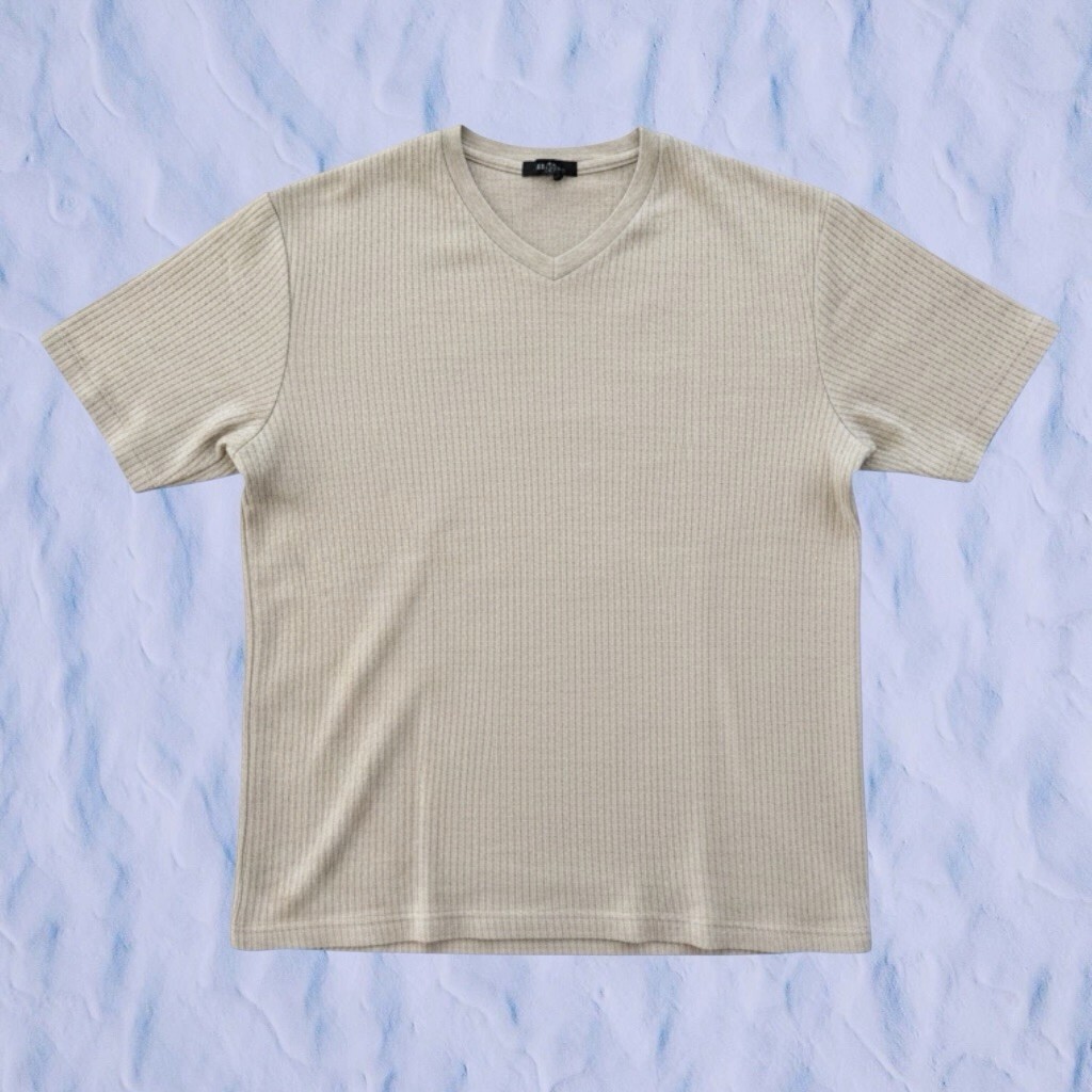 Alfani Mens L Beige Ribbed V-Neck T-Shirt Short Sleeve Cotton