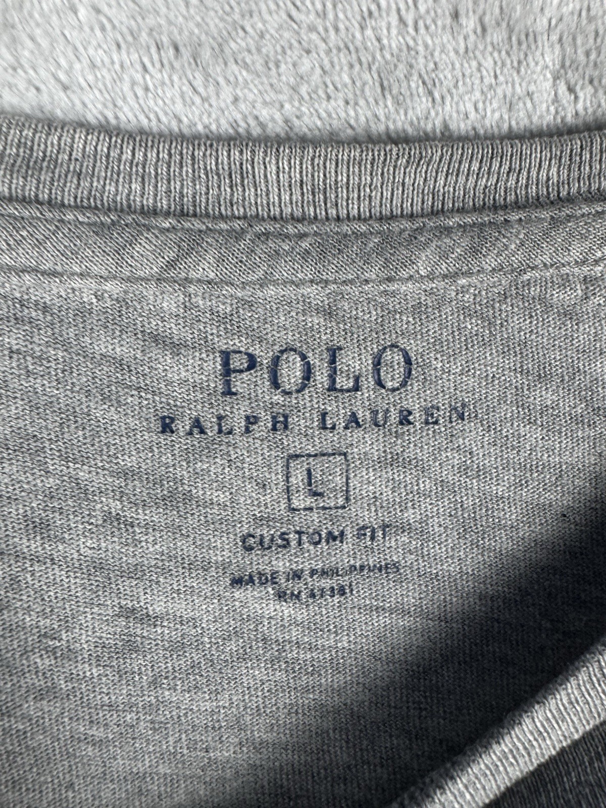 Ralph Lauren Polo Shirt Stitched Spell Out Crew Grey Mens Large Cotton Preppy