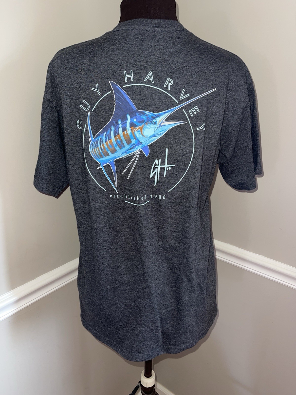 GUY HARVEY AFTCO Shirt Classic Fit Medium Dark Grey Blue Marlin Graphic Fishing