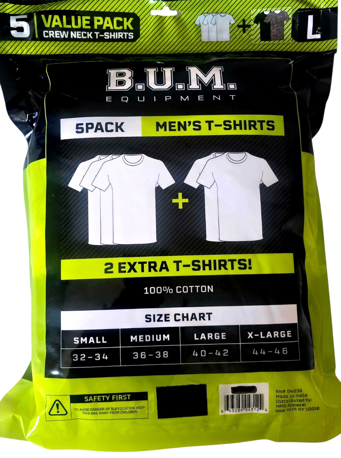 BUM 5x Value Pack Men’s T-shirts, Cotton (3 White, 1 Gray, & 1 Black), Large