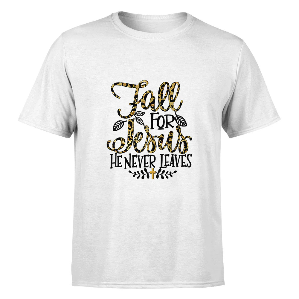 Fall For Jesus He Never Leaves Leopard Partten T-Shirt Thanksgiving Gift