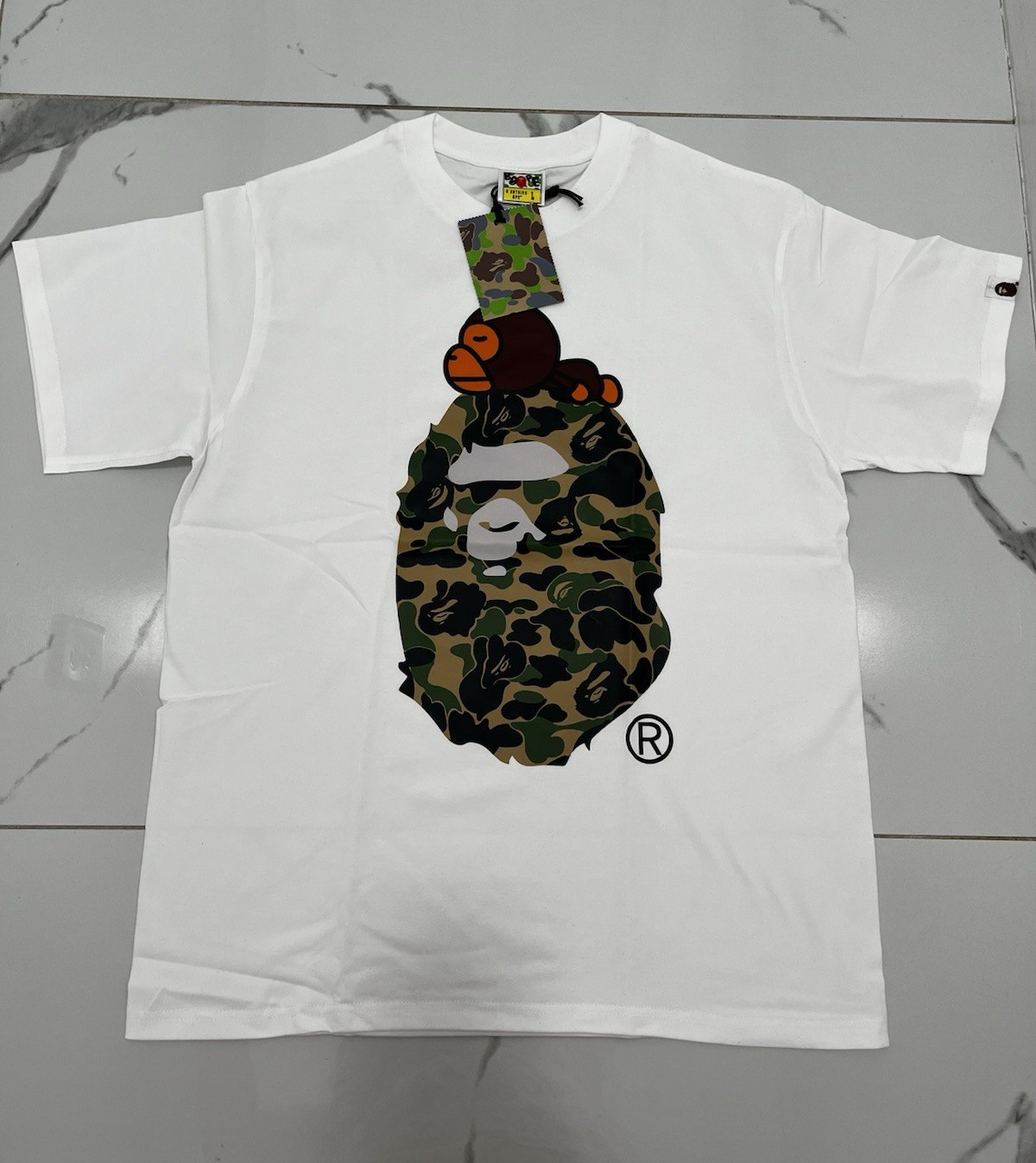 A Bathing Ape BAPE Baby Milo Camo Ape Head Logo Graphic Tee White L
