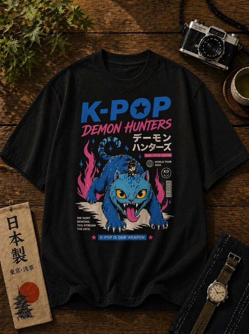 K-Pop Demon Cat Streetwear Tee – Anime Style Graphic Monster Cat T-Shirt