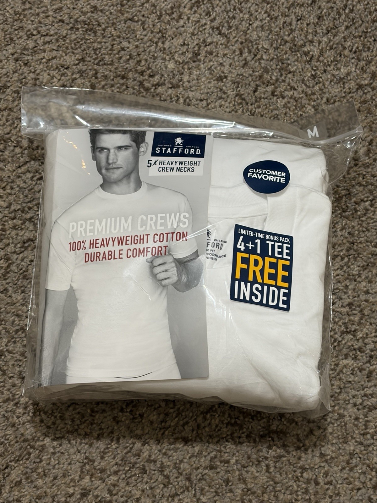 Stafford T Shirts Heavyweight 100% Cotton Crew Necks 4+1 Bonus 5 Pack Medium NEW