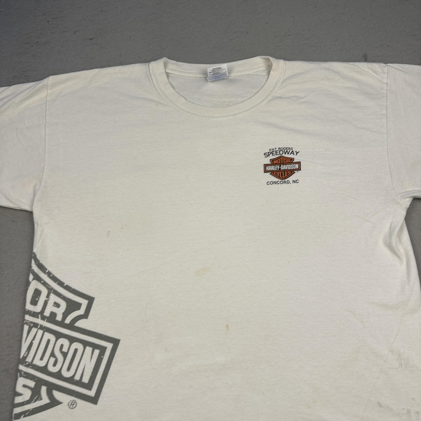 Harley Davidson Speedway Shirt Mens Large White Pat Rogers Concord NC Logo