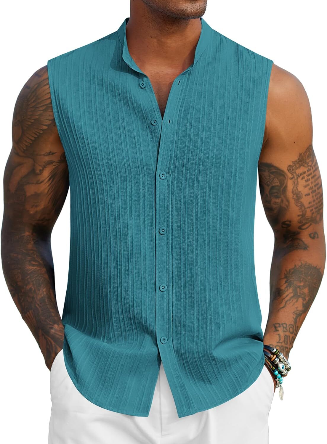 Mens Sleeveless Summer Shirts Beach Tank Tops Button Up Tank Shirt for Vacation