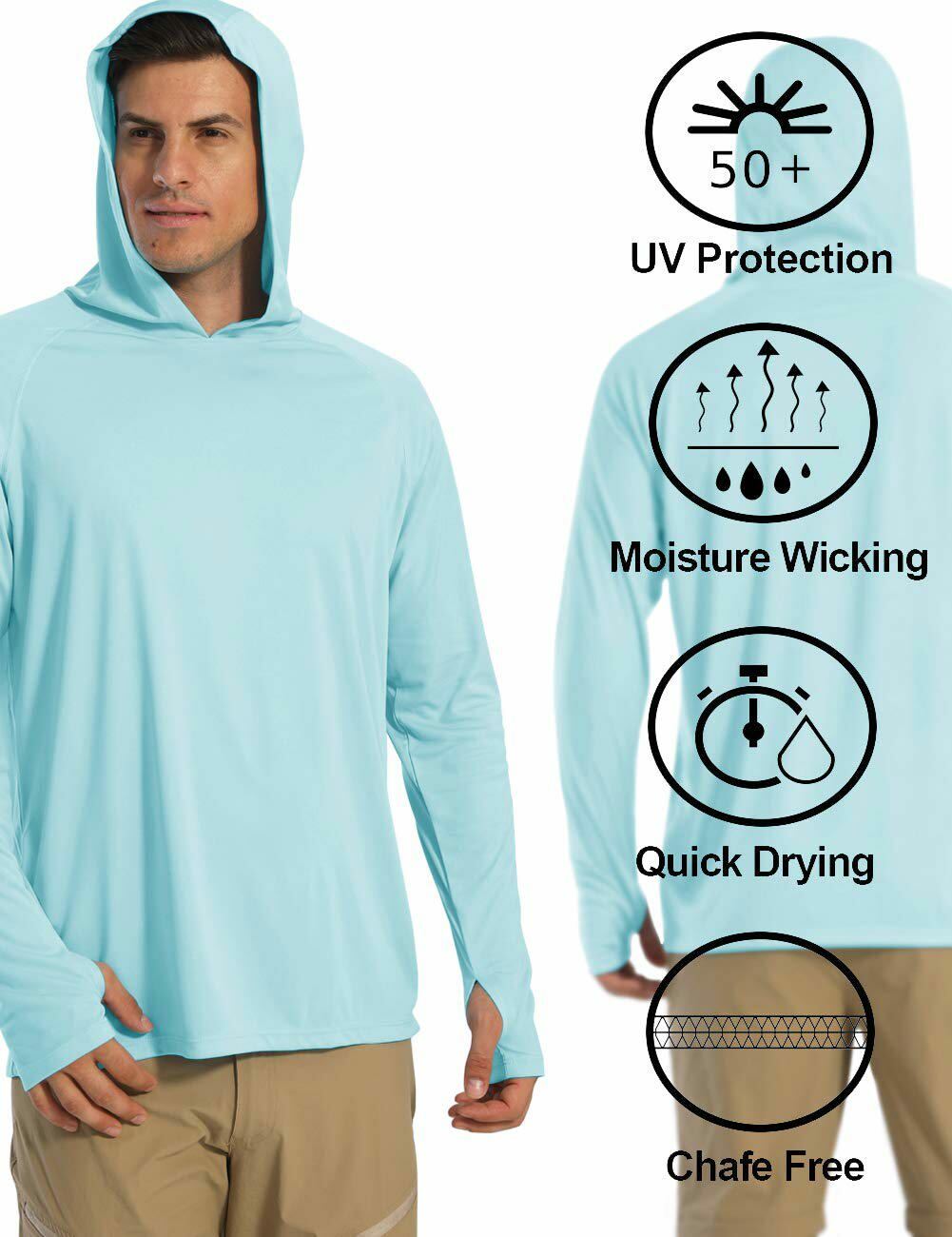 UPF50+ Mens Outdoor Fishing Hoodie Sun Block Skin Protection Long Sleeve T-Shirt